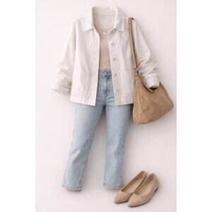 Eileen Fisher White Organic Cotton Stretch Cropped Jacket Minimalist Boxy Large